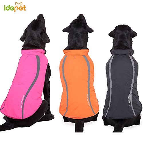 Idepet Impermeable Abrigo para Perros Chaleco cálido Ropa Correa Reflectante Patchwork Acolchado Mediano Chaqueta para Perro Grande Sudadera con Capucha