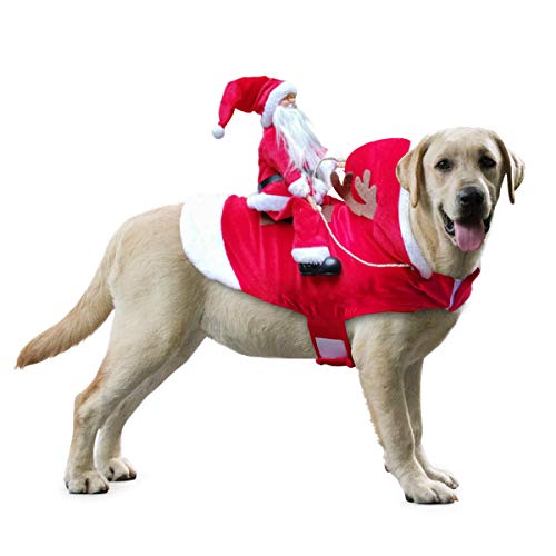 Idepet Trajes para Perros Navidad, Disfraz de Gato Navidad con Papá Noel Montado en Mascota Gato Perro Abrigo Rojo