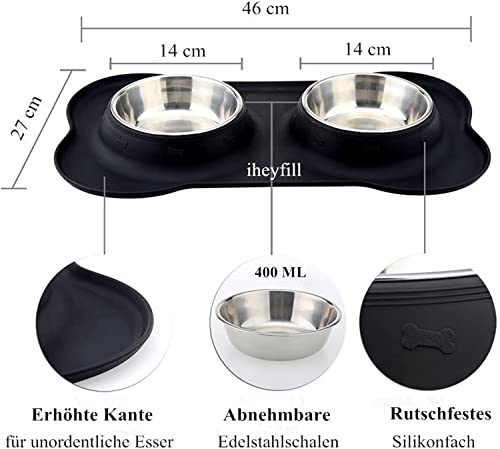 iheyfill 2x400 ML Comedero para Perro Gato Mascotas de Acero Inoxidable con Base de Silicona Antideslizante, 2 Cuencos Comedero Perros y Gatos para Comida y Agua