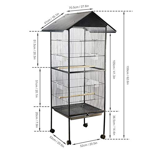 IKAYAA Jaula de Metal para Pájaro Negro Mascotas 52 * 52 * 160 cm / 20.5 * 20.5 * 63.0in, Cantidad 1 PC con 4 comederos, 1 bandejas, 4 Ruedas