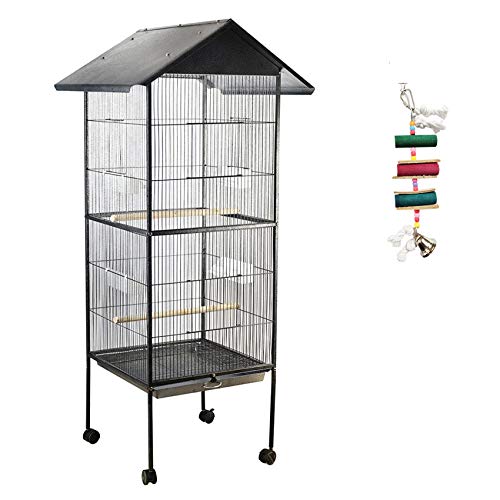 IKAYAA Jaula de Metal para Pájaro Negro Mascotas 52 * 52 * 160 cm / 20.5 * 20.5 * 63.0in, Cantidad 1 PC con 4 comederos, 1 bandejas, 4 Ruedas