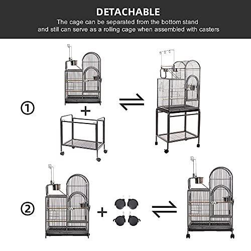 IKAYAAA Jaula para loros con escalera, perca, gancho para juguete, soporte para bebidas, cuencos para comederos, varillas de madera, jaula de alambre con 4 ruedas de 59,7 x 42,2 x 153,3 cm