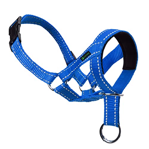 ILEPARK Cuello para Perros de Cabeza y Bozal de Adiestramiento Antitirones, de Colores, Ajustable y de Fácil Control para Entrenar a los Perros para Que Dejen de Tirar (L,Azul)