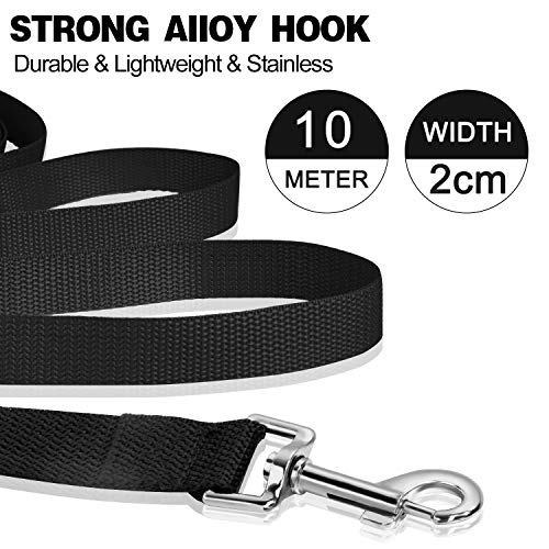 iNeego Correa Perro Adiestramiento 10 Metros Correa de Adiestramiento para Perros 10m Correas Básicas Nylon Resistente para Camping Paseo Longitud (10M con Mango, Negro)