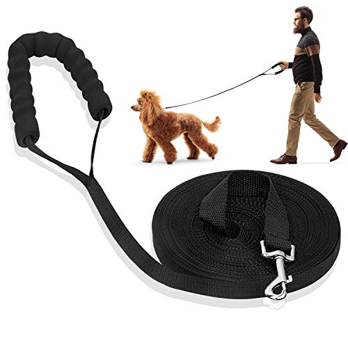 iNeego Correa Perro Adiestramiento 10 Metros Correa de Adiestramiento para Perros 10m Correas Básicas Nylon Resistente para Camping Paseo Longitud (10M con Mango, Negro)