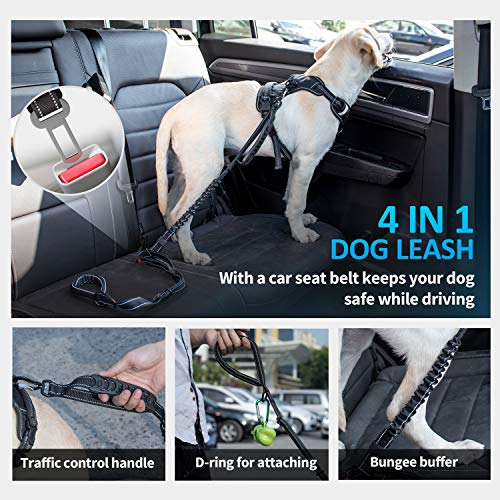 Iokheira Correa para Perros de 5 pies, 4 en 1, Ajustable, con cinturón de Seguridad para el Coche y asa Acolchada, elástica y Reflectante, Color Negro (Negro)