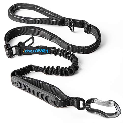 Iokheira Correa para Perros de 5 pies, 4 en 1, Ajustable, con cinturón de Seguridad para el Coche y asa Acolchada, elástica y Reflectante, Color Negro (Negro)