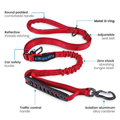 IOKHEIRA Correa para Perros de 5 pies, 4 en 1, Ajustable, con cinturón de Seguridad para el Coche y asa Acolchada, elástica y Reflectante (Rojo)