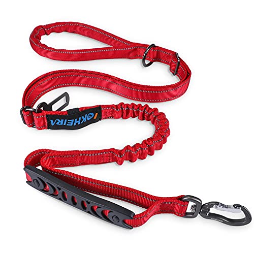 IOKHEIRA Correa para Perros de 5 pies, 4 en 1, Ajustable, con cinturón de Seguridad para el Coche y asa Acolchada, elástica y Reflectante (Rojo)