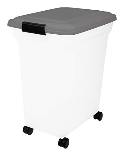 Iris Ohyama, Contenedor de comida para mascotas, juego de 2, 20 L y 45 L para 7,5 y 15 kg, tapa abatible, hermética, transparente, ruedas y pala - Air Tight Food Container ATS-C - Gris