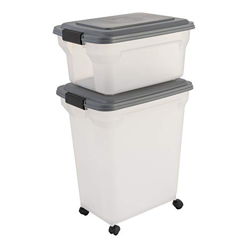 Iris Ohyama, Contenedor de comida para mascotas, juego de 2, 20 L y 45 L para 7,5 y 15 kg, tapa abatible, hermética, transparente, ruedas y pala - Air Tight Food Container ATS-C - Gris