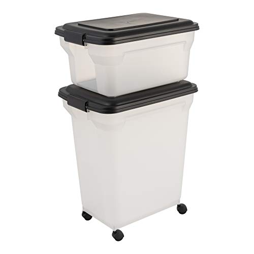 Iris Ohyama, Contenedor de comida para mascotas, juego de 2, 20 L y 45 L para 7,5 y 15 kg, tapa abatible, hermética, transparente, ruedas y pala - Air Tight Food Container ATS-C - Negro