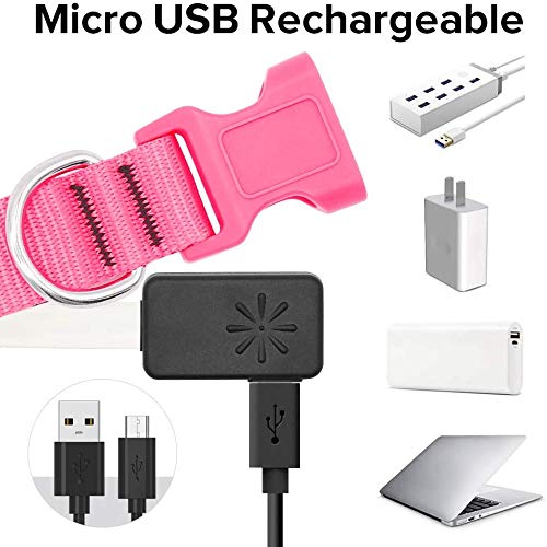 Iseen Collar de perro LED Micro USB recargable con luz brillante para mascotas cómodo y suave malla de seguridad para perros pequeños, medianos y grandes (L, rosa)