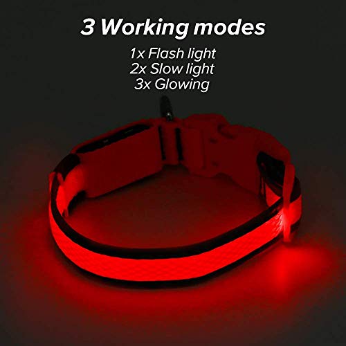 Iseen - Collar para perros con luz led brillante, con micro USB recargable, para mascotas, malla cómoda y suave, seguro, para perros pequeños, medianos y grandes (talla S, color rojo)