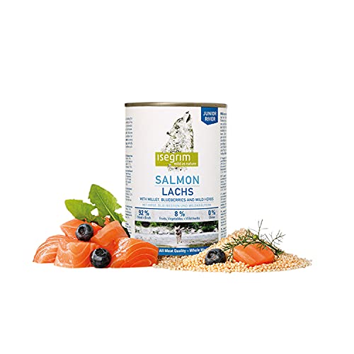 ISEGRIM Lata Perro Junior Salmón + Mijo, Bayas y Hierbas Silvestres, 800 g, Perro