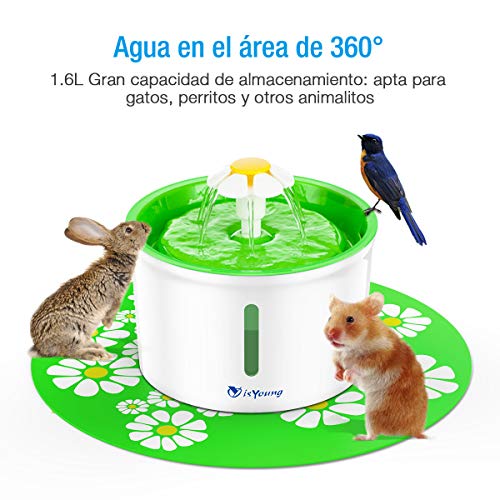 isYoung Fuente de Agua Silencioso 1.6L Gatos y Perros Bebedero Automático Fuente de Agua Sano e Higiénico con 2 Filtros de Carbón