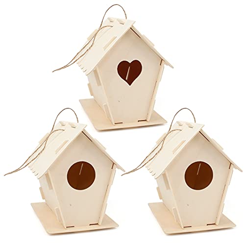 Iyowei 3Pcs Casitas de Pajaros Casa de Pájaros Madera Manualidades Casa de Aves de Madera Natural con Agujeros Redondos y en Forma de Corazón para Pintar y Decorar(16.5x11.5x16cm)