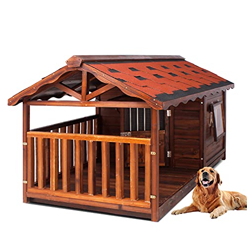 JHKGY Casa De Perro De Madera,Casa para Perros Extra Grande con Puerta para Uso En Interiores Y Exteriores, con Perrera De Cabaña De Troncos Porche,con Área De Valla Y Placa Inferior Extraíble,XXL