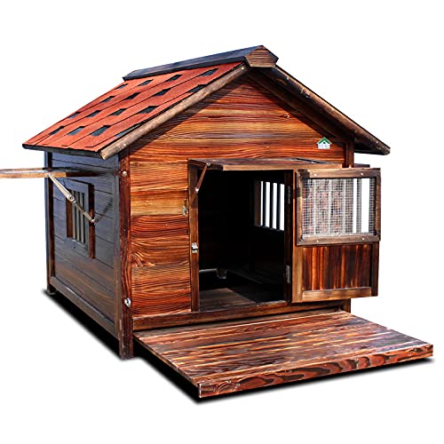 JHKGY Caseta para Perros De Madera Carbonizada CITI,Perrera De Madera Al para Mascotas,Resistente Al Agua Ventilar La Casa del Perro,Placa Inferior Extraíble con Área De Valla,Ventana Doble,L