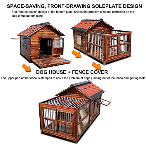 JHKGY Caseta para Perros De Madera Carbonizada CITI,Perrera De Madera Al para Mascotas,Resistente Al Agua Ventilar La Casa del Perro,Placa Inferior Extraíble con Área De Valla,Ventana Doble,L