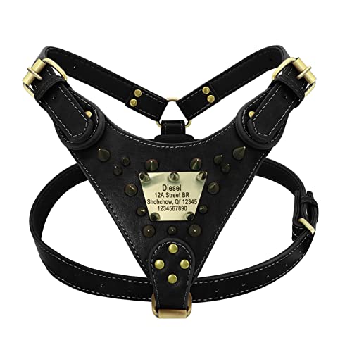 JIAQ Custom Leather Dog Harness Spiked Studded Dog Harness Chaleco Personalizado IDENTIFICACIÓN Arnés de Cuero for Perros medianos Grandes Pitbull Bulldog (Color : Black, Size : Large)