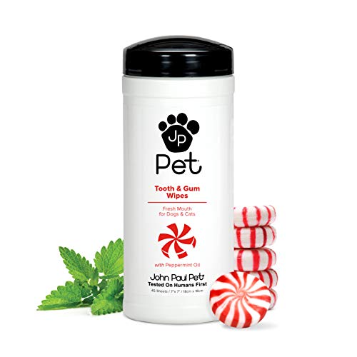 John Paul Pet Toallitas de dientes y goma para mascotas para perros y gatos, infusionadas con aceite de menta, hojas de 7 pulgadas x 7 pulgadas en dispensador de 45 unidades