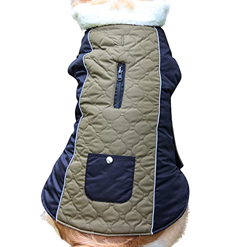 JoyDaog Abrigo de perro cálido con cuello de lana para perros pequeños con bolsillo impermeable cachorro chaqueta para invierno verde S