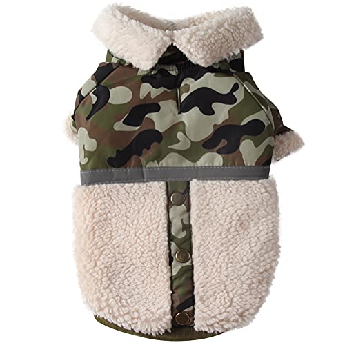 JoyDaog Abrigo de perro con cuello en V para perros pequeños forro polar cálido cachorro chaqueta para frío invierno verde camuflaje S