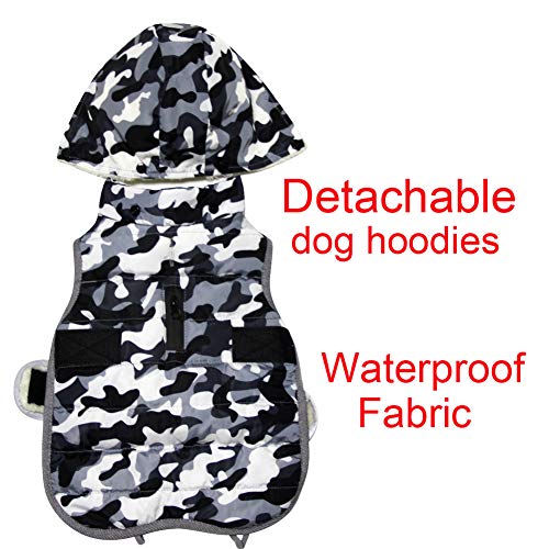 JoyDaog Sudadera de forro polar para perros grandes, chaqueta cálida para cachorros, abrigos impermeables de invierno frío con capucha, camuflaje blanco XXL