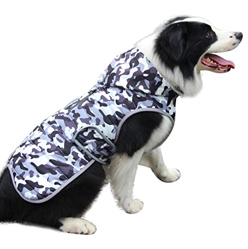 JoyDaog Sudadera de forro polar para perros grandes, chaqueta cálida para cachorros, abrigos impermeables de invierno frío con capucha, camuflaje blanco XXL