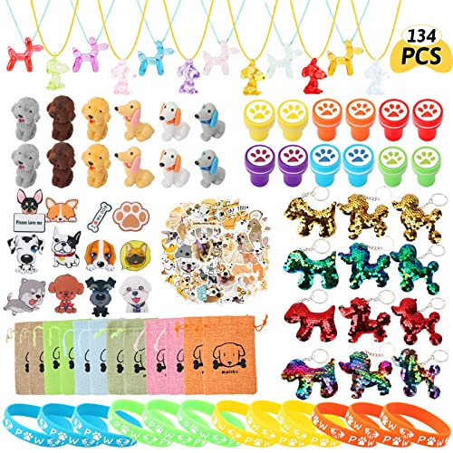 Juego de 134 Piezas Favores de Fiesta de Pata de Perro, Pulsera con Estampado de Pata de Perro, Llavero, Broche, Pegatinas, Gomas de Borrar, Bolsa de Regalo para Cachorros para Niños y Niñas