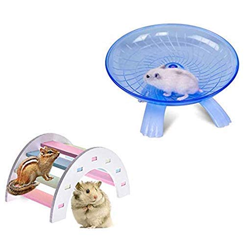 Juego de 2 platillos voladores para ratas y puente de madera, arco iris, plástico ABS duradero para correr y trotar, silencioso, para ratón, erizo, chinchilla, mascotas, ratones, hámsteres, juguete