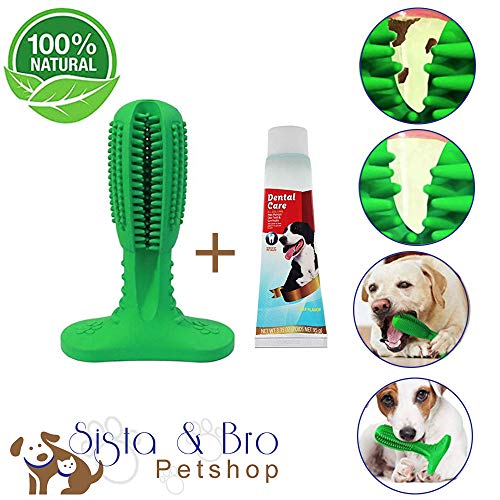 Juego de cepillos de dientes perros + pasta dientes para cepillar y limpiar: Bastón de juguete + pasta dientes perros cuidado dental, caucho natural duradero + pasta de masticar para aliento fresco.