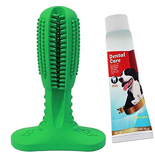 Juego de cepillos de dientes perros + pasta dientes para cepillar y limpiar: Bastón de juguete + pasta dientes perros cuidado dental, caucho natural duradero + pasta de masticar para aliento fresco.