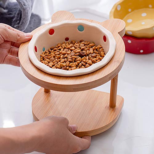 Juego de cuencos de cerámica para perros, cachorros, gatos, cuencos, charolas, comedero, comedero para mascotas, soporte inclinable para el cuello, soporte de madera asegurado (color rojo y madera)