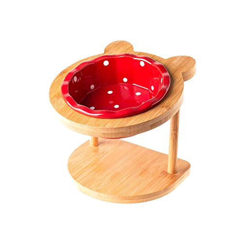 Juego de cuencos de cerámica para perros, cachorros, gatos, cuencos, charolas, comedero, comedero para mascotas, soporte inclinable para el cuello, soporte de madera asegurado (color rojo y madera)