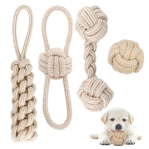 Juguetes de Cuerda para Perros, 4 Piezas Juego de Juguetes para Perros Cachorros, Juguete Masticable para Perros Indestructible, Pelota con Cuerda para Perros Pequeños/ Mediano, Blanco