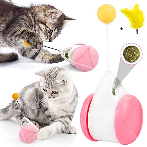 Juguetes Interactivos para Gatos, Juguete para Gatos de Tumbler,Juguetes para Gatos con Hierba Gatera y Plumas, Juguete de Bola de Gato, Juego de Interior para Gatos,Ejercicio Animal Doméstico (Rosa)