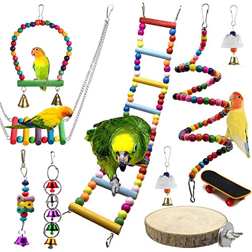 Juguetes para Masticar Loros, 10 Piezas Juguetes para Pájaros Accesorios, Juguete Colgante para Mascotas con Campanas, Columpios, Juguete de Masticación para Pequeños y Medianos Loros de Aves