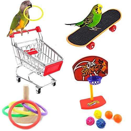 Juguetes para Pajaros Periquitos, Juego de Juguetes para Loros, Mini Carro de la Compra monopatín Anillo de Entrenamiento, Juguetes Interactivos para Pajaros, Loros, Guacamayos, Periquitos, Cacatúas