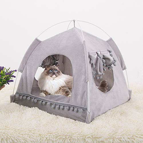 JuneJour Tienda para Mascotas con Cama,Casa de Lona para Perros y Gatos, Casa para Mascotas con Cojín, Ideal para Bajo Techo, en exteriors,Casetas para Perros de Color Gris,XL(58 * 58 * 59cm)