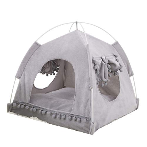 JuneJour Tienda para Mascotas con Cama,Casa de Lona para Perros y Gatos, Casa para Mascotas con Cojín, Ideal para Bajo Techo, en exteriors,Casetas para Perros de Color Gris,XL(58 * 58 * 59cm)