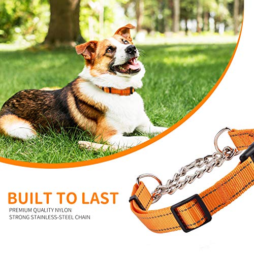 Kaka mall Collar Antitirones para Perro Martingale Collar Estrangulador con Hebilla de Cierre de Seguridad Anillo de Metal,Reflectante Ajustable Collar para Perros Pequeños Medianos Grandes Naranja M