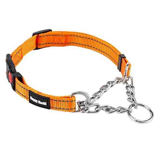 Kaka mall Collar Antitirones para Perro Martingale Collar Estrangulador con Hebilla de Cierre de Seguridad Anillo de Metal,Reflectante Ajustable Collar para Perros Pequeños Medianos Grandes Naranja M