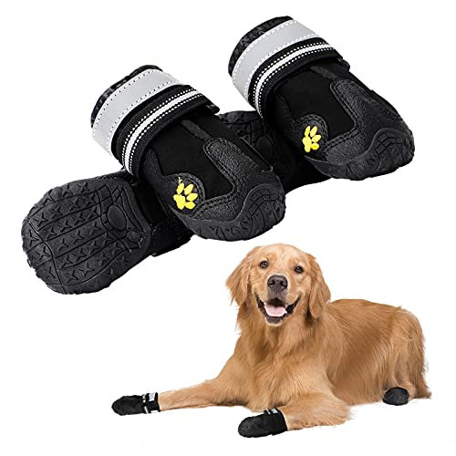 KAMEUN Botas para Perros, 4pcs Antideslizante Botas Perro con Correa de Cierre Adjustable, Impermeables para Perros Botines con Tira Reflectante Botas para Perros Pequeños Medianos Grandes (L)