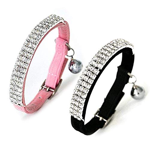 Kingkindshun 2pcs Collar para Gato de Terciopelo Suave Diseño de Bling Diamante con Campanas 11 Pulgadas para Gatos y Perros Pequeños