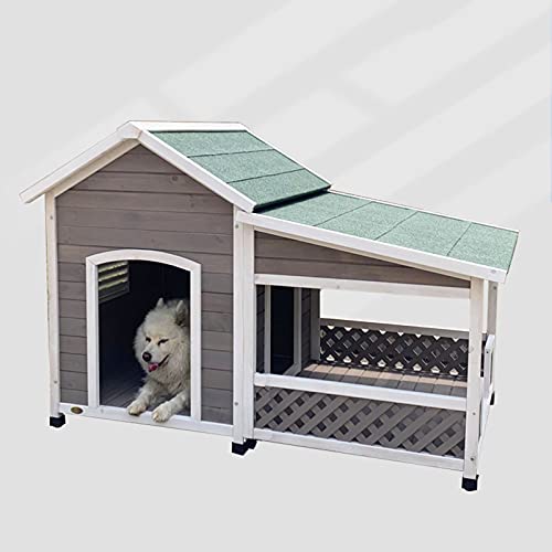 Kit de casa para perros de madera maciza con terraza, nido de perrera resistente a la intemperie al aire libre con piso elevado, muebles para mascotas para animales pequeños, medianos y grandes