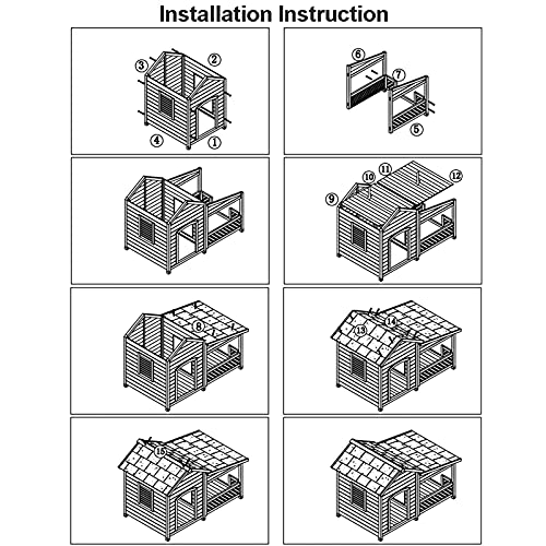 Kit de casa para perros de madera maciza con terraza, nido de perrera resistente a la intemperie al aire libre con piso elevado, muebles para mascotas para animales pequeños, medianos y grandes