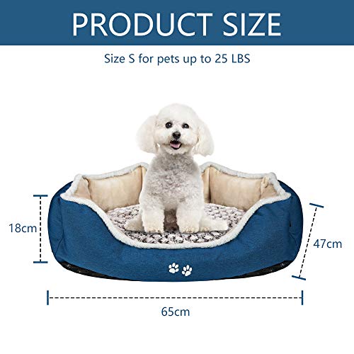 KROSER Cama de Perro con Almohada Reversible, Lavable a Máquina Cubiertas Extraíbles,Fondo Impermeable Antideslizante,65cm Cama para Mascota Pequeños y Gatos de hasta 11kg-Marrón Claro/Azul