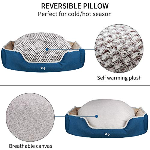 KROSER Cama de Perro con Almohada Reversible, Lavable a Máquina Cubiertas Extraíbles,Fondo Impermeable Antideslizante,65cm Cama para Mascota Pequeños y Gatos de hasta 11kg-Marrón Claro/Azul